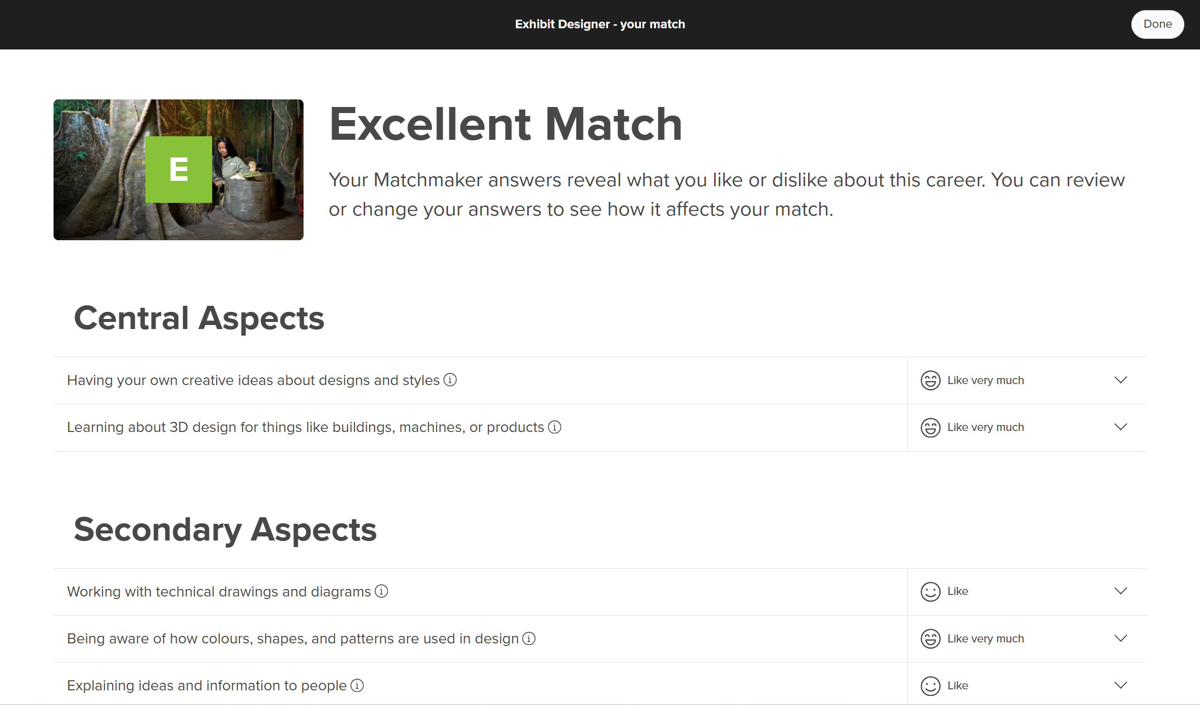 "Find out why" page for a career profile. The student is an "Excellent match" for the career. The questions the student answered in Matchmaker are group into Central and Secondary Aspects with the students answers.